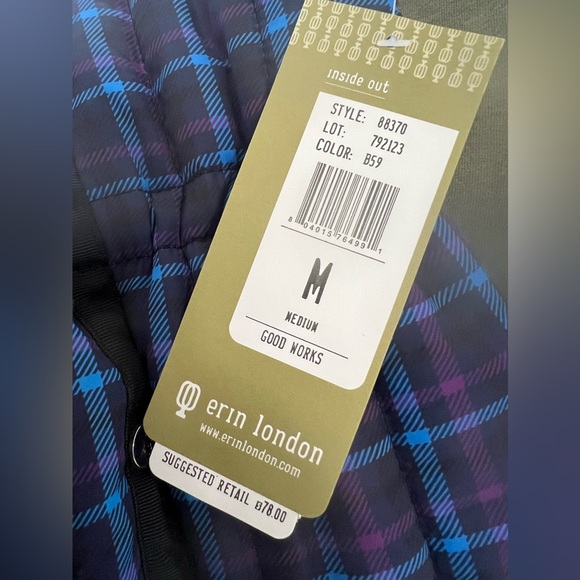 NWT Erin London Puffer Vest Medium Plaid Purple Black Zip Front Adjustable Waist - Picture 10 of 13